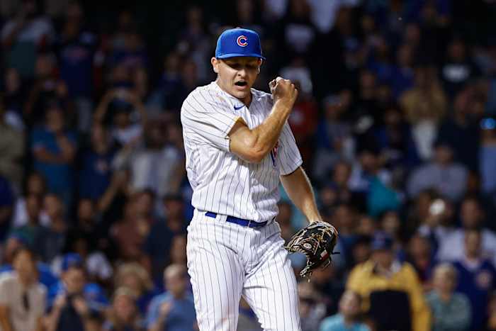 Chicago Cubs pitcher Hayden Wesneski reacts to securing the final out in his Major League debut.